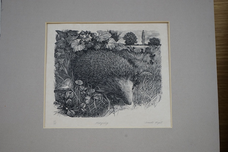 Three woodblock and woodcut prints, each unframed, comprising Sally Hands, ‘Swansea Valley’, Donald Myall, ‘Hedgehog’ and Sam Wilson, ‘Mr Blackbird in the country’, two limited edition, each signed in pencil, largest 38